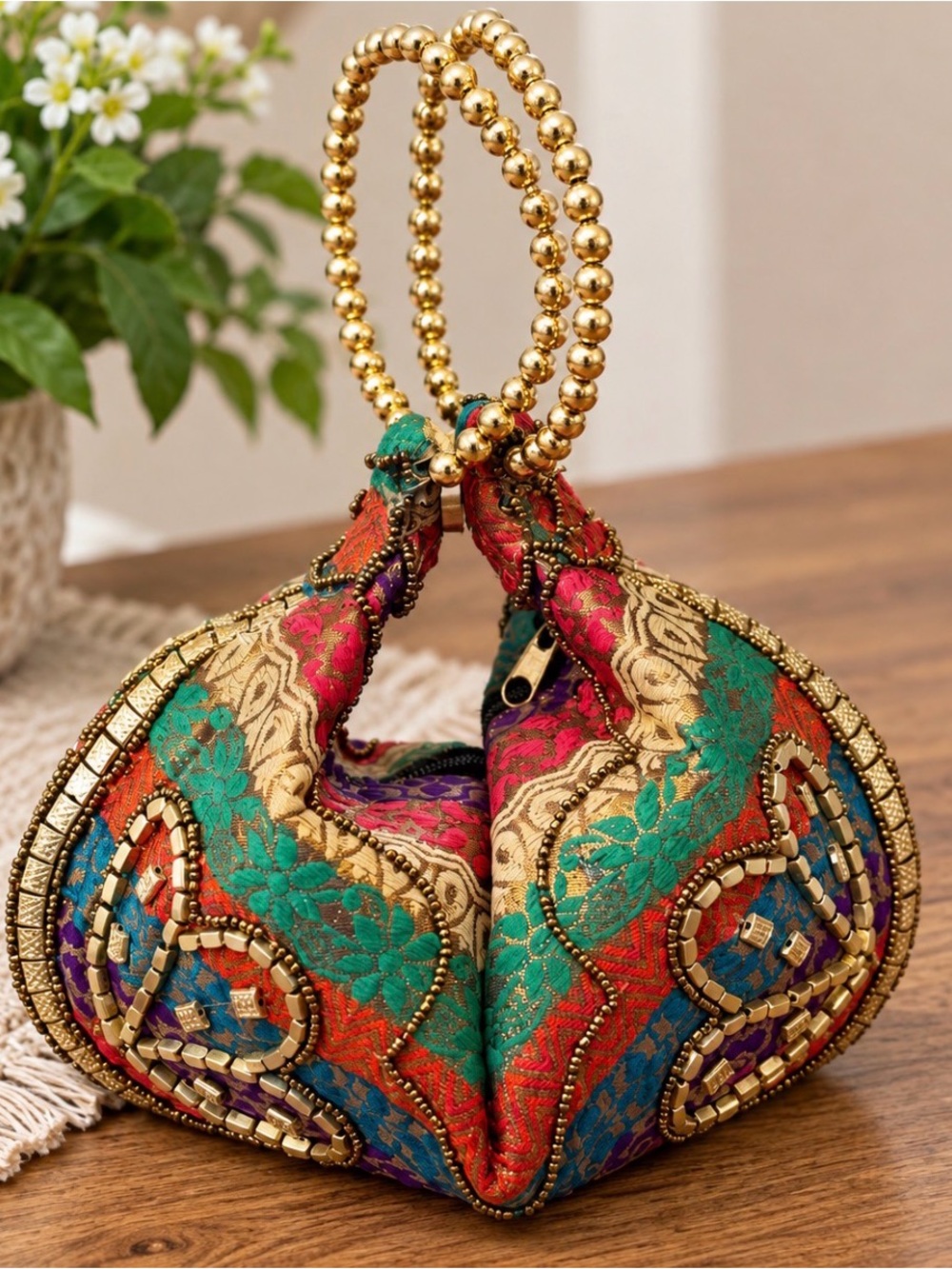 Boho Multicolor Embroidered Beaded Handbag Gold Handle